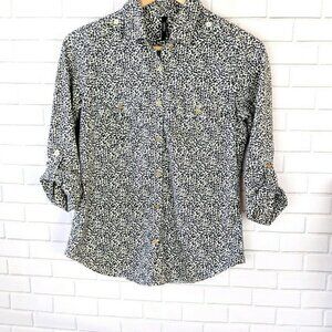 Cathy Shirt Womens Medium Black and Tan Leopard Button up Modern Office Workwear
